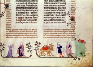 Two scenes from the story of Rebecca at the well, from The Bible of Jean de Sy, c.1355 by French School