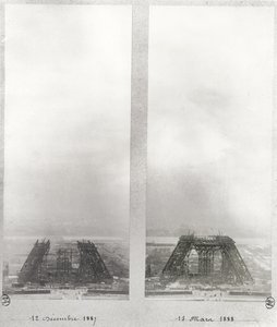 Two views of the construction of the Eiffel Tower, Paris, 12th December 1887 and 15th March 1888 by French School