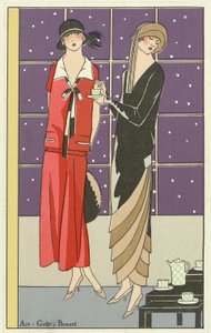 Two women having tea and dressed in designs by Jean Patou and Beer, from Art-Goût-Beauté by French School