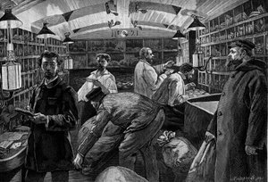 A traveling post office. Engraving in Le Journal Illustré 