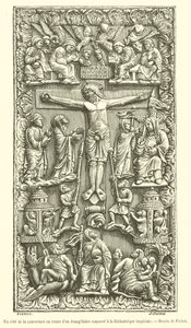 One side of the ivory cover of a gospel book kept at the Imperial Library