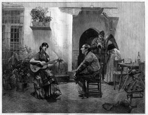 Under the spell: a man listening with admiration to a young Spanish girl playing the guitar. Engraving after the painting by Jules Worms (1832-1914) in The Illustrous World, May 1