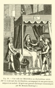 A hall of the Hotel-Dieu in the eighteenth century, Mgr the former Duke of Chartres, accompanied by his governor, bleeding a patient, After an engraving of the time communicated by Mr. Romain Boulenger by French School