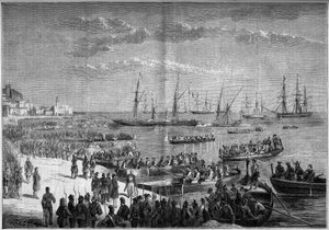 Unification of Italy - Expedition of the Thousand or Red Shirts - Evacuation of Milazzo (Sicily), July 1860: General Bosco and the Neapolitan troops of Francois II left the Citadel of Milazzo after their defeat against the Thousand of Giuseppe Garibaldi by French School