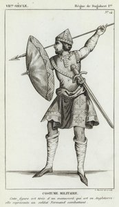 7th Century, Reign of Dagobert I, Military Costume (engraving) by French School