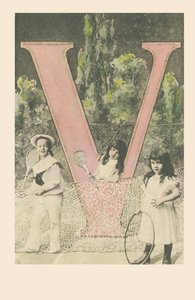 A boy and a girl holding snowshoes, a girl with a hoop by French School