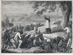 Vendee Wars (1793-1796): Priest inserts celebrating a mass under an oak for the insurgent population who reject sworn priests. Engraving from 1889. Private collection by French School