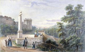 View of Dinan Castle and the statue of Duclos Pinot. Illustration of the 19th century preserved at the Museum of Dinan by French School