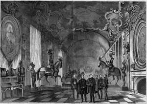 View of the arms room of the Palace of Turin (Italy) during the visit of King Victor Emmanuel II and Prince Napoleon