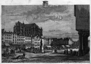 View of the city of Beauvais in the Oise. Engraving from 1880 in La republique illustree private collection. by French School