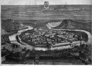 View of the city of Besancon in the Doubs. Engraving from 1880 in 