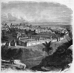 View of the city of Jerusalem before the destruction of the temple. Engraving in Histoire des Papes-Rois-Queen and Empereurs a travers les centuries by Maurice Lachatre by French School