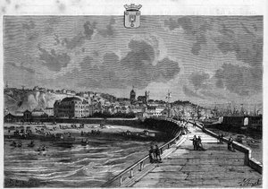 View of the town of Boulogne in the Pas de Calais. Engraving from 1880 in 