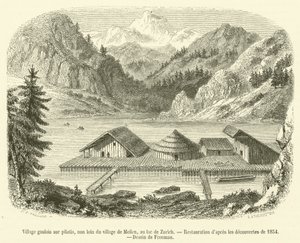 Gaulish Village on Stilts, Near the Village of Meilen, on Lake Zurich (engraving) by French School