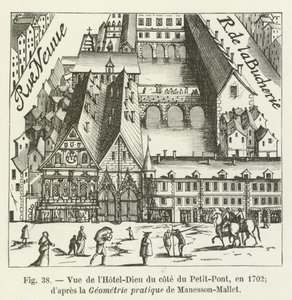 View of the Hotel-Dieu from the Petit-Pont side, in 1702; after the Practical Geometry of Manesson-Mallet by French School