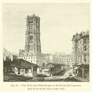 View of the Saint-Jacques Tower and the Cour du Commerce, taken from Rue des Arcis before 1830 by French School