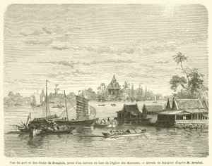 View of the port and docks of Bangkok, taken from a boat in front of the Missions Church by French School