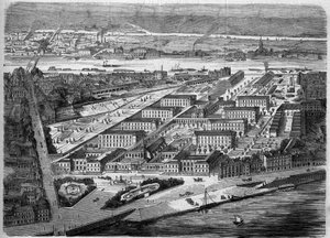 External view of the Hotel Dieu in Nantes, inaugurated in 1863. This hospital will be almost entirely destroyed during a bombing in 1943. Loire Atlantique (44). Engraving in "Le Monde Illustre" n°347 of 5 December 1863