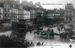 War in the North: London buses of the British Expeditionary Force in the main square at Bethune in 1915 by French School