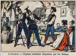 War of 1870 between France and Prussia: Alsatian Peasants Ranconned by the Hulans