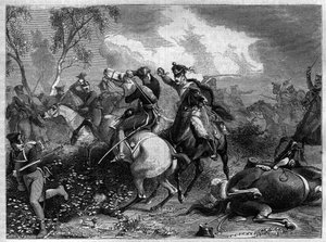 War of the Fourth Coalition 1806-1807 - Prince Louis Ferdinand of Prussia mortally wounded during combat with invading English cavalry at the Battle of Saalfeld during the Napoleonic Wars