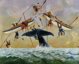 Whale knocking fishermen out of the water by French School