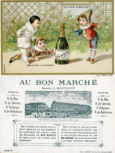 What Luck! a Bottle of Champagne; front and reverse of a promotional card for the Bon Marché Department Stores in Paris, c.1895