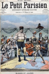 White and Yellow (cartoon about the Russian-Japanese war: countries like France, USA, China... watching Japan and Russia boxing). Cover Le petit Parisien of April 3
