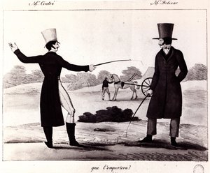 Who will win? Scene of the duel between M. Cintre and M. Bolivar, c.1820