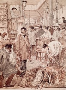 Wild game auction at Les Halles, illustration, Paris by French School
