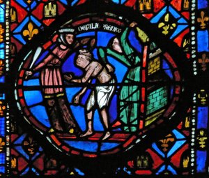 Window Ew-L depicting a scene from the Prodigal Son story: he is thrown out by the courtesans by French School