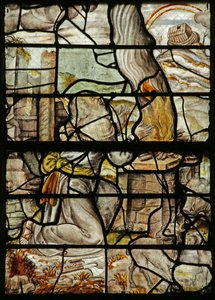 Window depicting Noah making a Sacrifice, the Ark on Mount Ararat and a rainbow