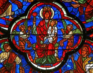 Window depicting the Virgin holding Christ on her knee and a rose in her right hand (detail)
