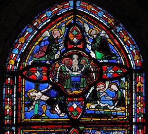 Window depicting the fifth section of window w7: the death of St Peter: his soul ascends to heaven
