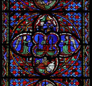 Window depicting the fourth section: the Resurrection: with the sleeping soldiers and censing angels