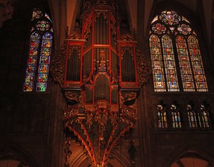 Window depicting the north side of the nave with the organ and clerestory windows by French School