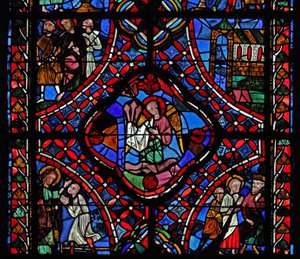 Window depicting the second section of the St James window: in the centre are the nails of the Passion; Philetus is converted; Hermogenes with St James; a church; St James with 2 men by French School
