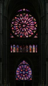 Window depicting the west end of the cathedral with the two rose windows by French School