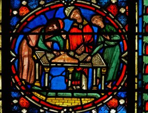 Window n2-C depicting St Austremoine building the church at Issoire by French School
