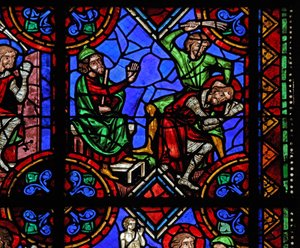 Window depicting St Julian of Brioude story - St Ferreol, a friend of Julien, who died during the Diocletian persecutions, is captured and beaten by French School