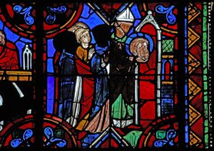 Window depicting St Julian of Brioude story - the death of St Ferreol, a friend of Julien, who died during the Diocletian persecutions; his relics are transferred by French School