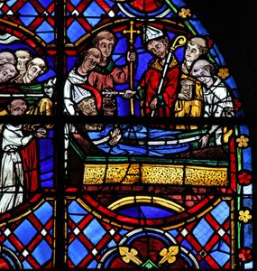 Window depicting the burial of St Martin by French School