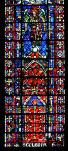 Window w100 depicting the cathedral of Reims by French School