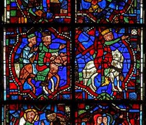 Window w100b depicting the Magi follow the star by French School