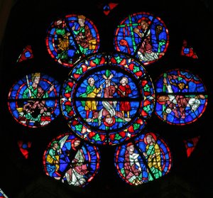 Window w102 depicting the arrest and death of St Peter, and the saint with Simon Magus by French School