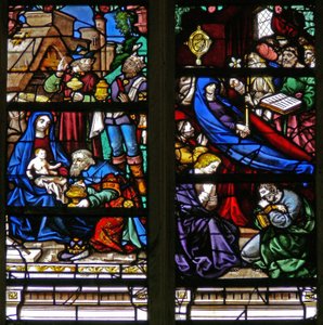 Window depicting the Adoration of the Magi and the death of the Virgin by French School
