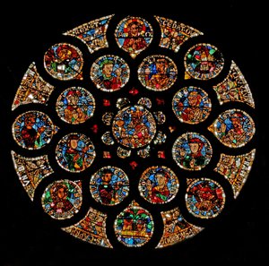 Window w108 depicting the New Covenant: at the top is Christ (Alpha and Omega), then the four symbols of the Evangelists forming a square, two Virtues are at the left and right extremities, and the Ark by French School