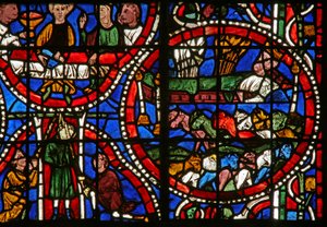 Window depicting a scene from the story of Joseph: the Pharaoh dreams of the 7 fat and 7 thin cattle - symbolising good years and bad