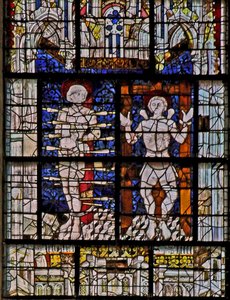 Window w115 depicting St Sebastian and St Quentin by French School