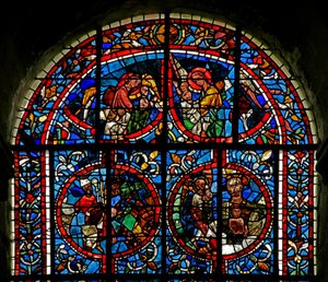 Window depicting angels carry souls to Paradise; fragmentary panel - a bishop? the Bosom of Abraham by French School